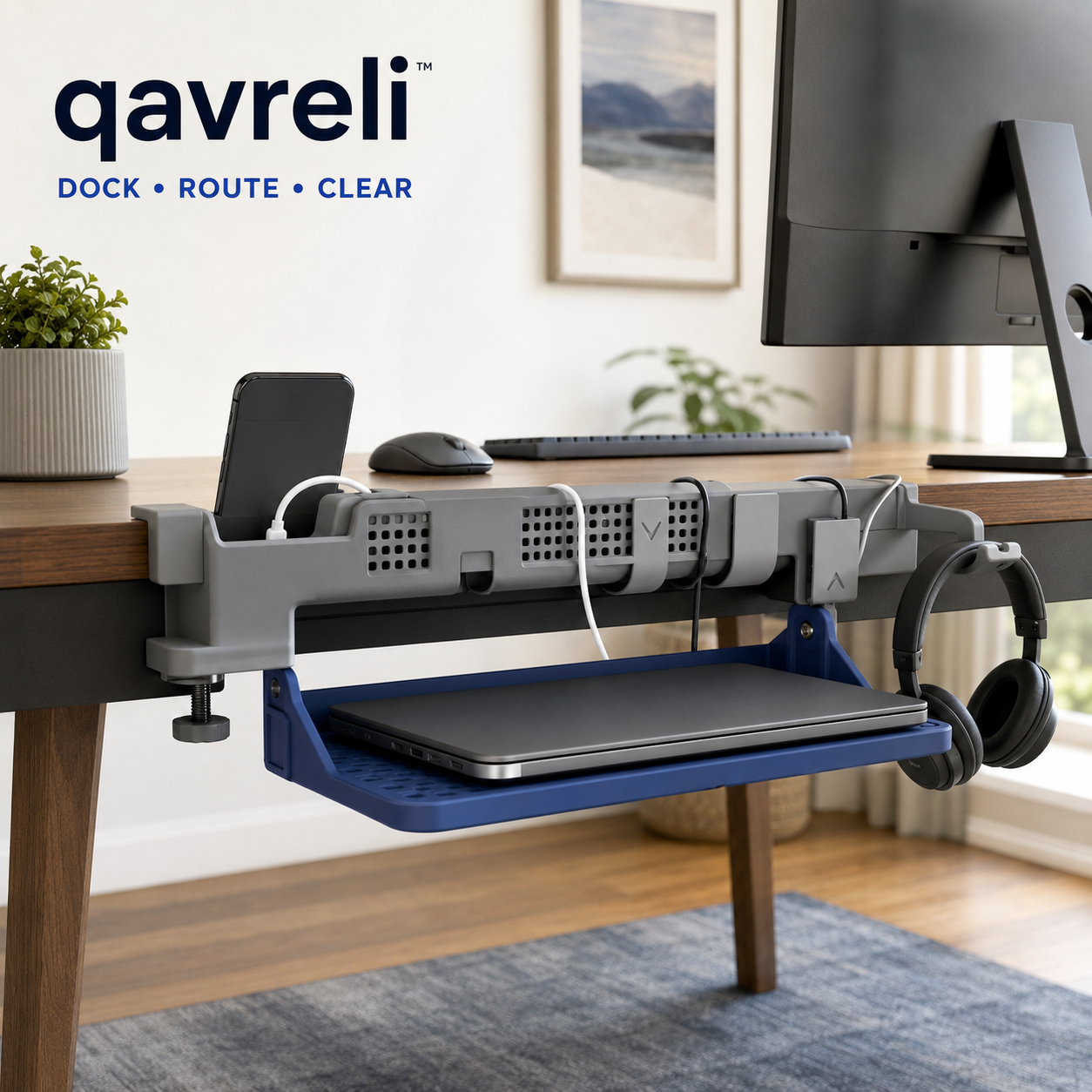qavreli™ DeskHarbor Clamp-On Tech Valet